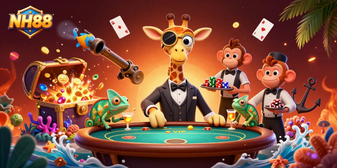 Win big with NH88 in this vibrant casino-themed illustration featuring gambling characters.