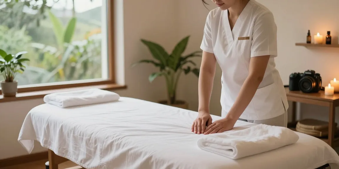 Massage therapy room set up for a relaxing 마사지 experience with calming ambiance and essential oils.