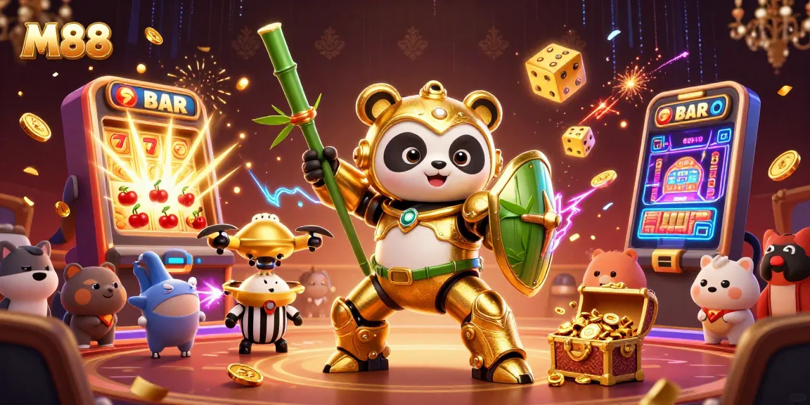 Spin and win big with M88's lively 3D golden panda battling in an exciting casino arena.