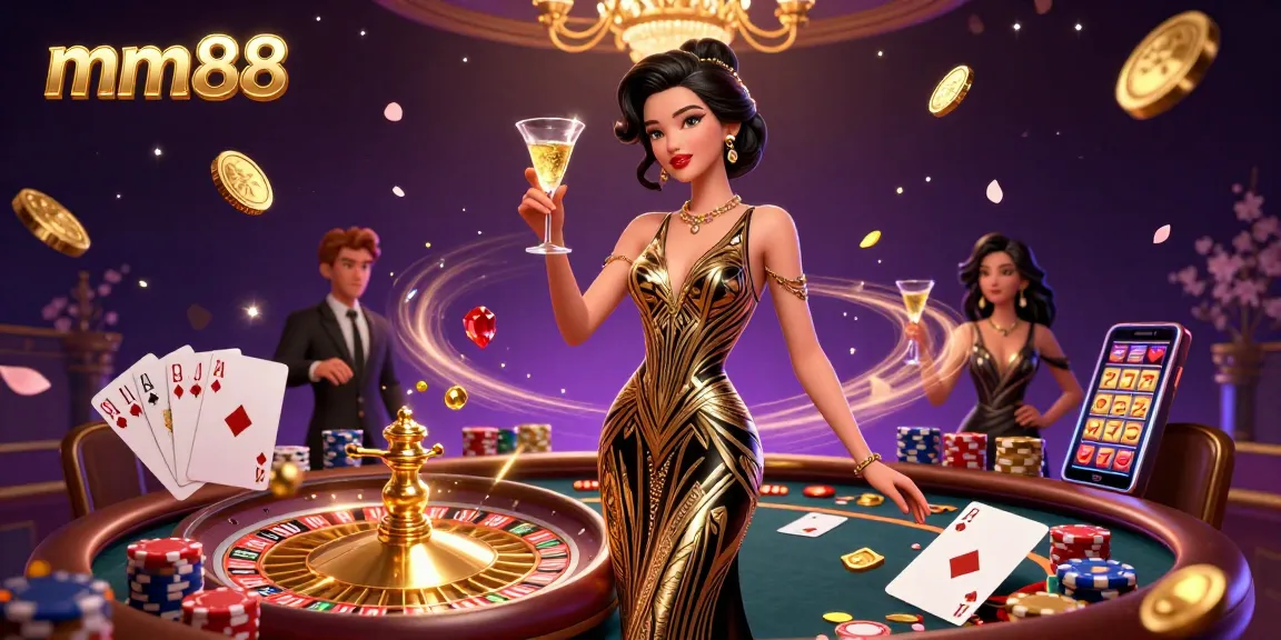 Experience mm88's glamorous casino atmosphere with elegant characters, vibrant game elements, and dazzling effects.