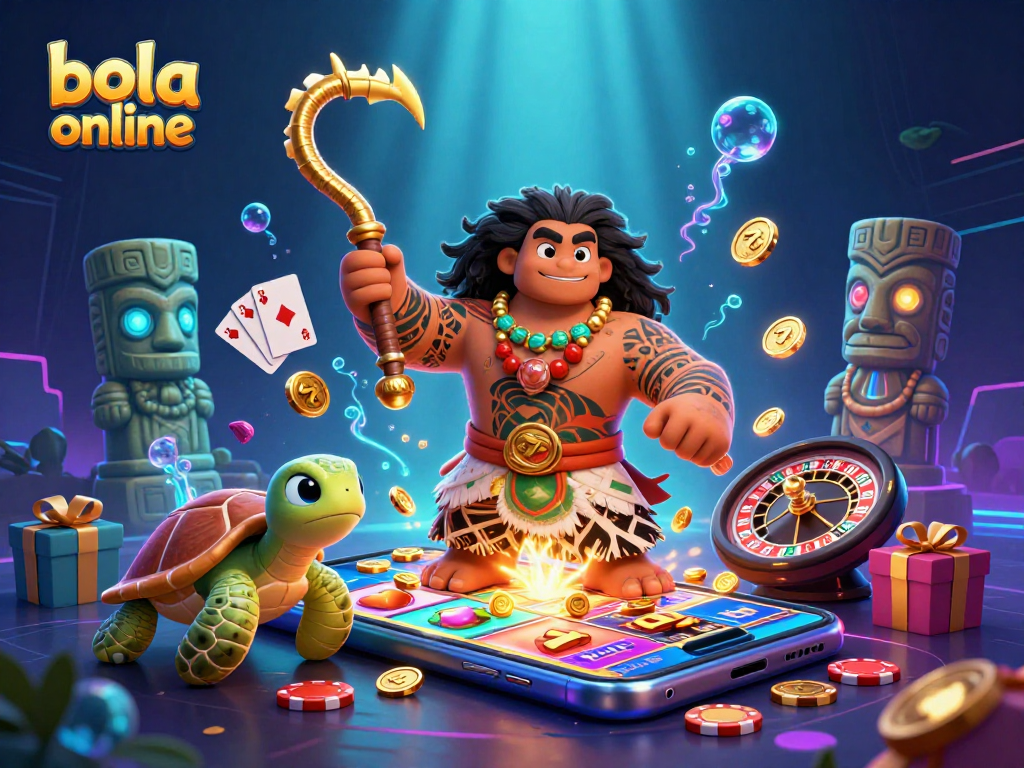 Bola online casino scene with a Maui-style demigod, turtle sidekick, and vibrant slot games.