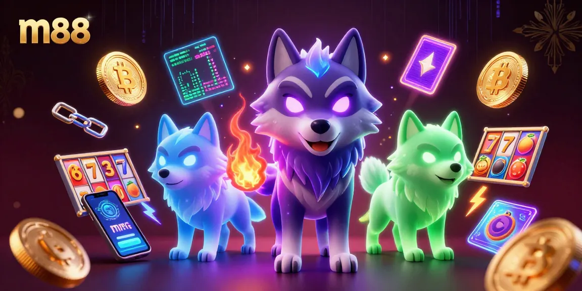 Experience m88's exhilarating slot games with a dynamic scene of spectral wolves and crypto coins offering thrilling jackpots.