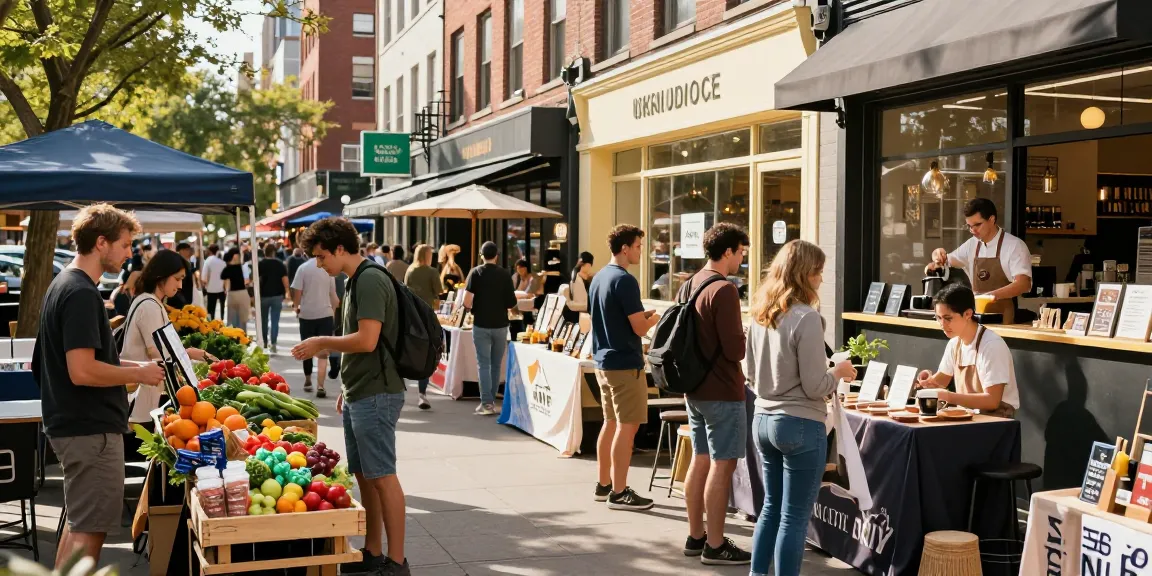 Vibrant urban shopping scene with energized shoppers and local vendors engaging at the marketplace, emphasizing community commerce.