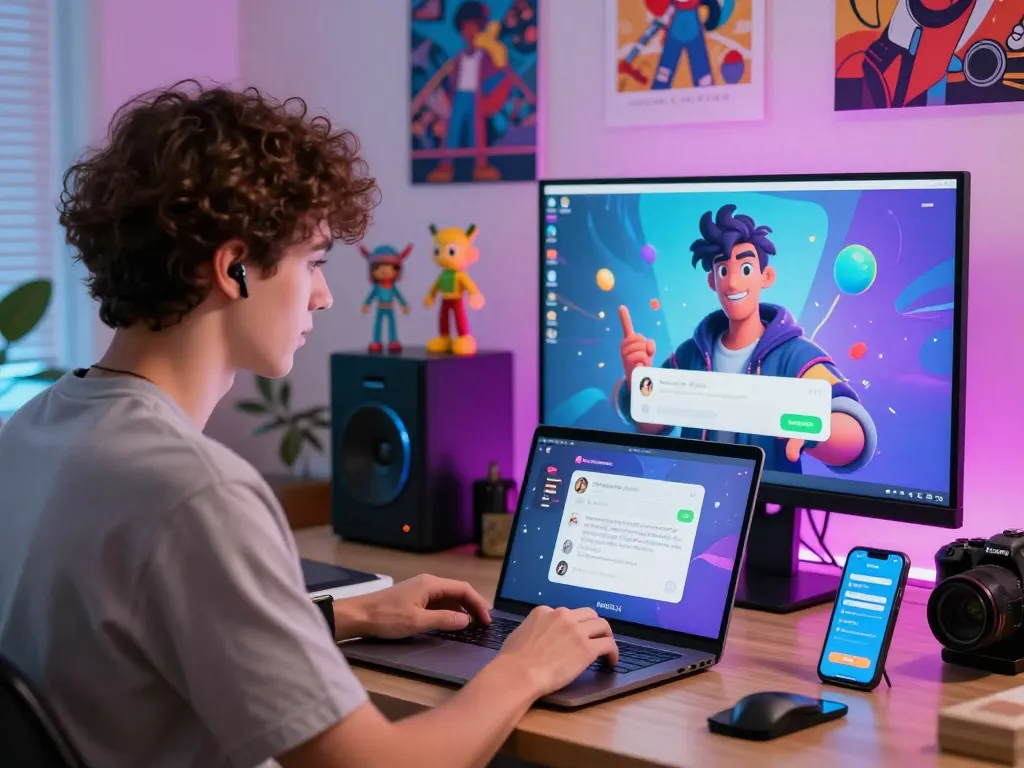 Engaged user chatting with an NSFW AI character in a stylish home office setting.