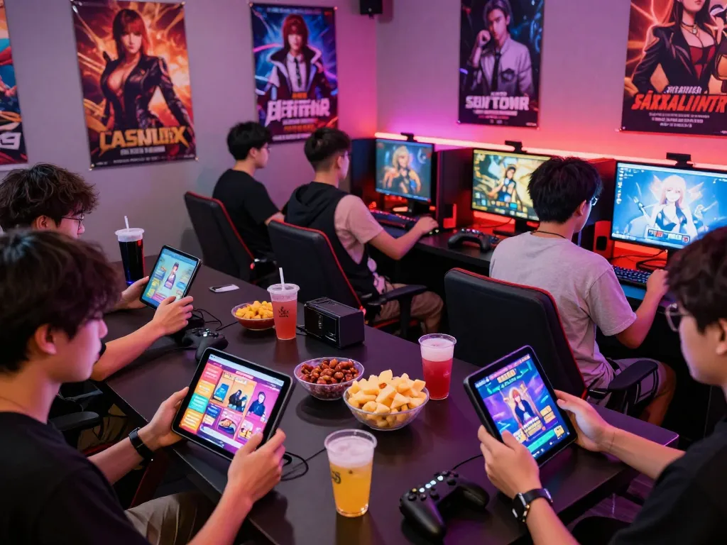 Players enjoying online sex games on various devices in a lively gaming lounge.