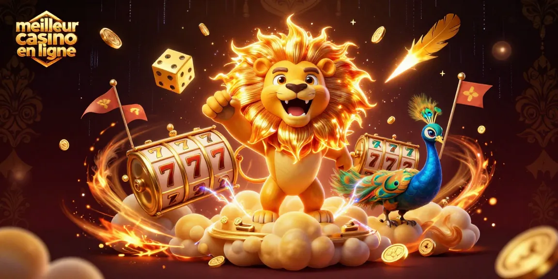 Illustration dynamique représentant le meilleur casino en ligne avec des éléments de jeux d'argent et des personnages en 3D.