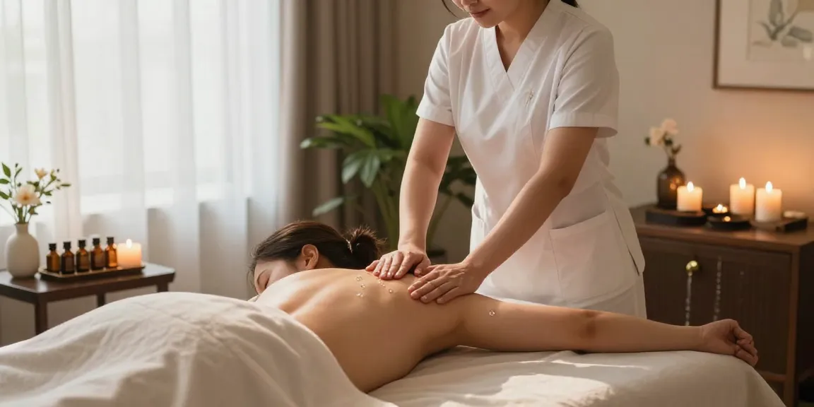 Swedish massage therapy session featuring a therapist applying oil in a serene spa setting.