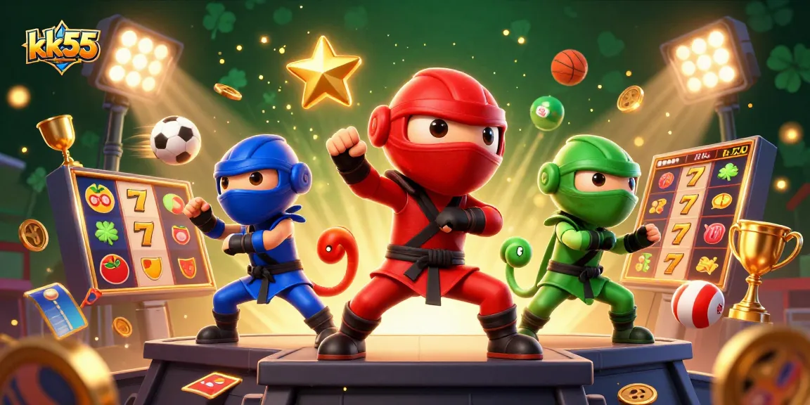 Engage in thrilling slots with kk55's vibrant 3D illustration of ninja chameleons and dynamic symbols.