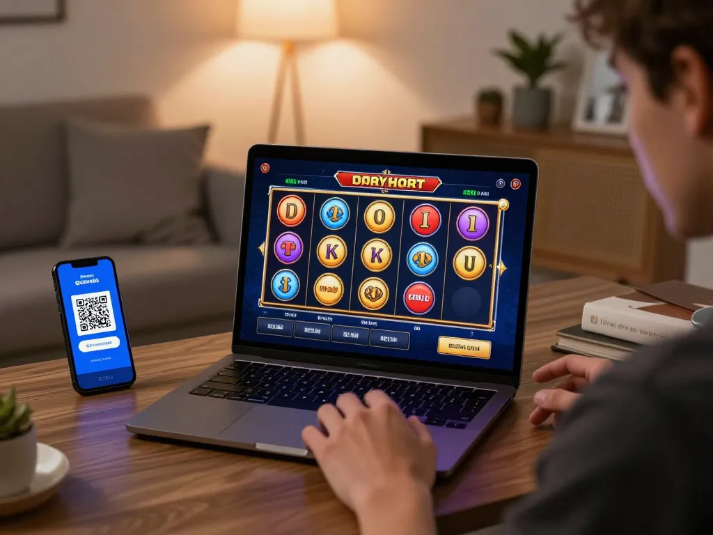 Enjoying a situs slot depo 10k game on laptop showcasing QRIS deposit options for winning strategies.