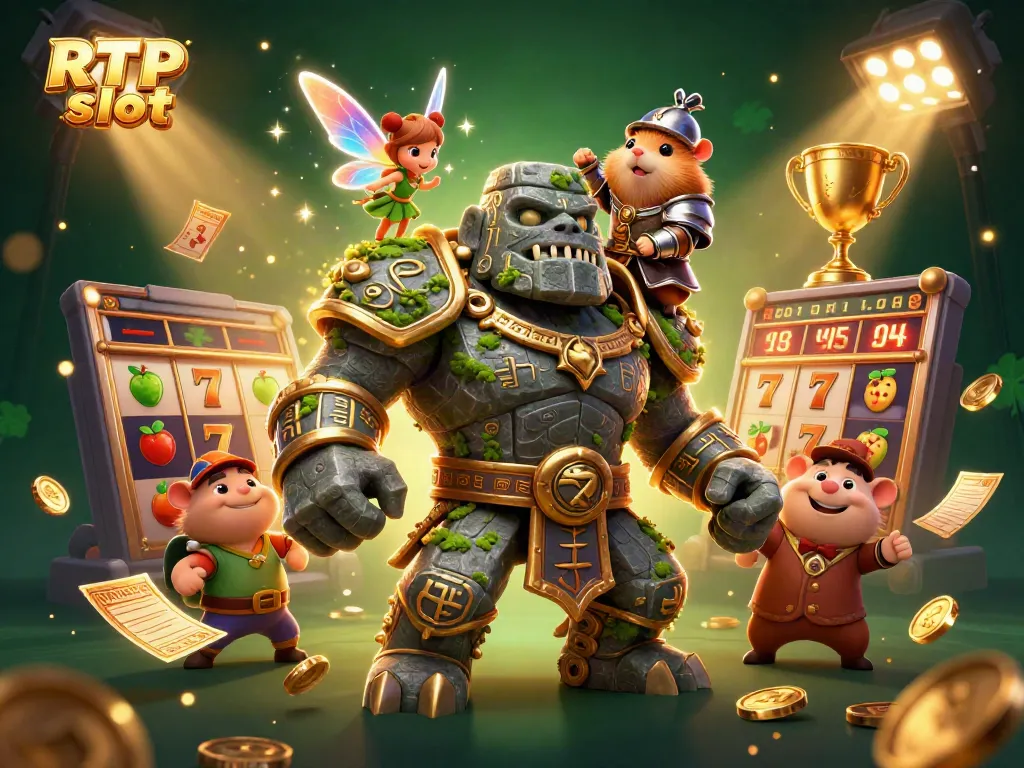 Experience the magic of RTP slot with a vibrant 3D cartoon scene featuring a golem, fairy, and hamster knight.