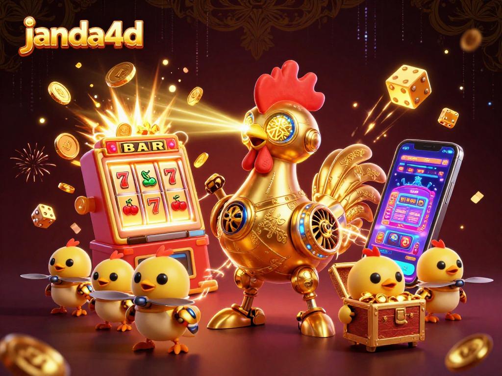 Engage with janda4d's vibrant jackpot scene featuring a golden rooster robot and animated baby chick drones.