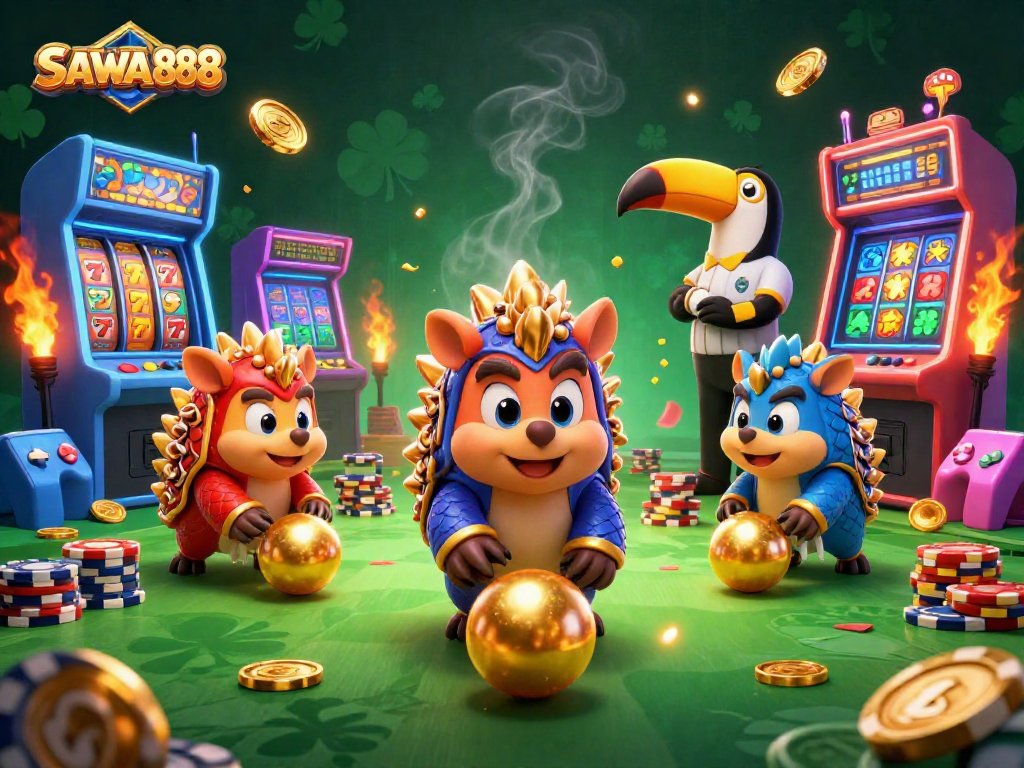 SAWA888 features rival pangolins competing amidst gold coins and arcade machines emphasizing dynamic casino action.