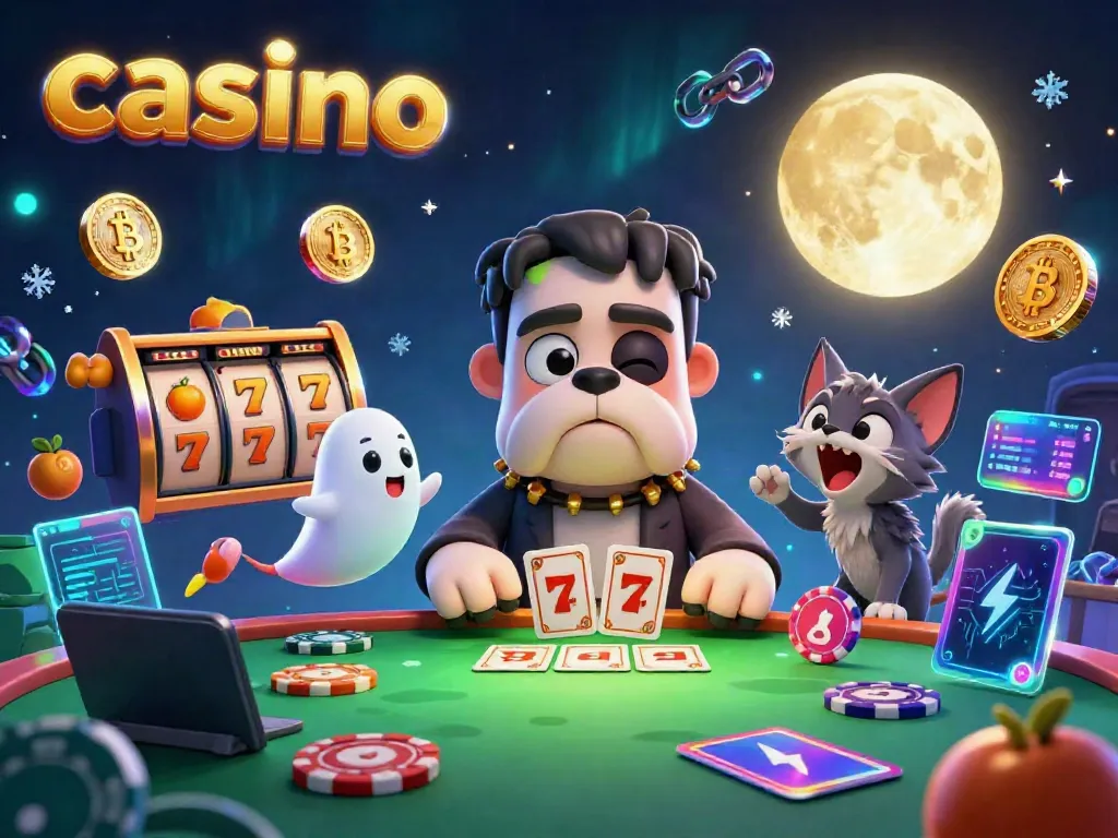 Experience the thrill of casino online with a vibrant 3D scene featuring dynamic characters and game elements.