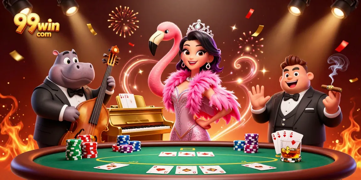 Engage with 99win com in a dynamic casino setting featuring vibrant characters and poker elements.