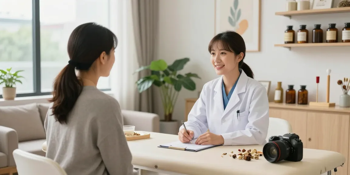 Engaging consultation at 영통한의원 with a doctor discussing treatment options in a modern, calming clinic.