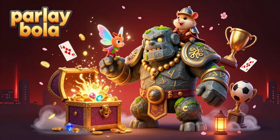 Engage in parlay bola betting with a dynamic illustration featuring a golem guardian and magical elements.