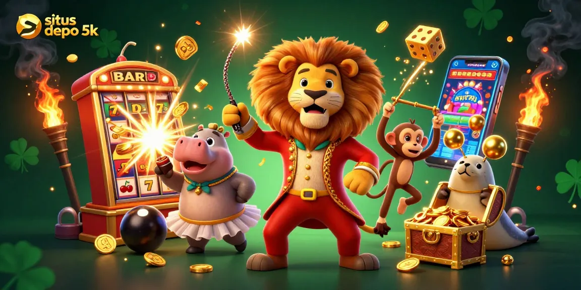 Win big with situs depo 5k in an exciting casino illustration featuring slot machines and vibrant characters.