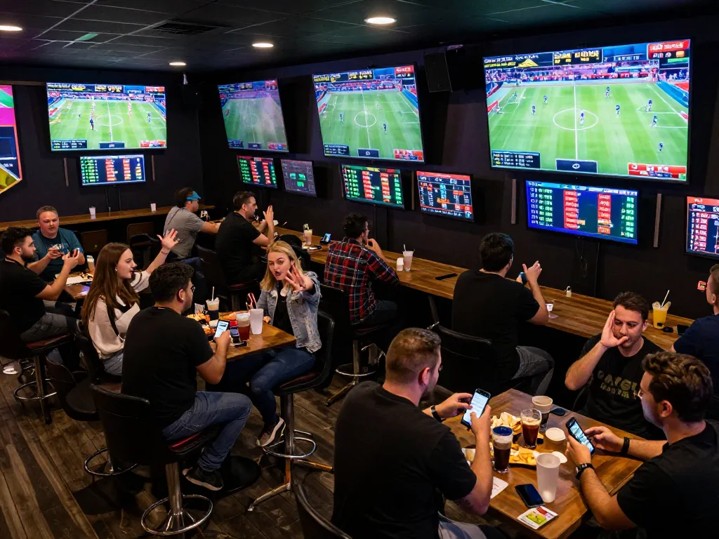 Tỷ lệ kèo nhà cái hôm nay reflected in an exciting sports betting atmosphere with patrons engaging with live odds.