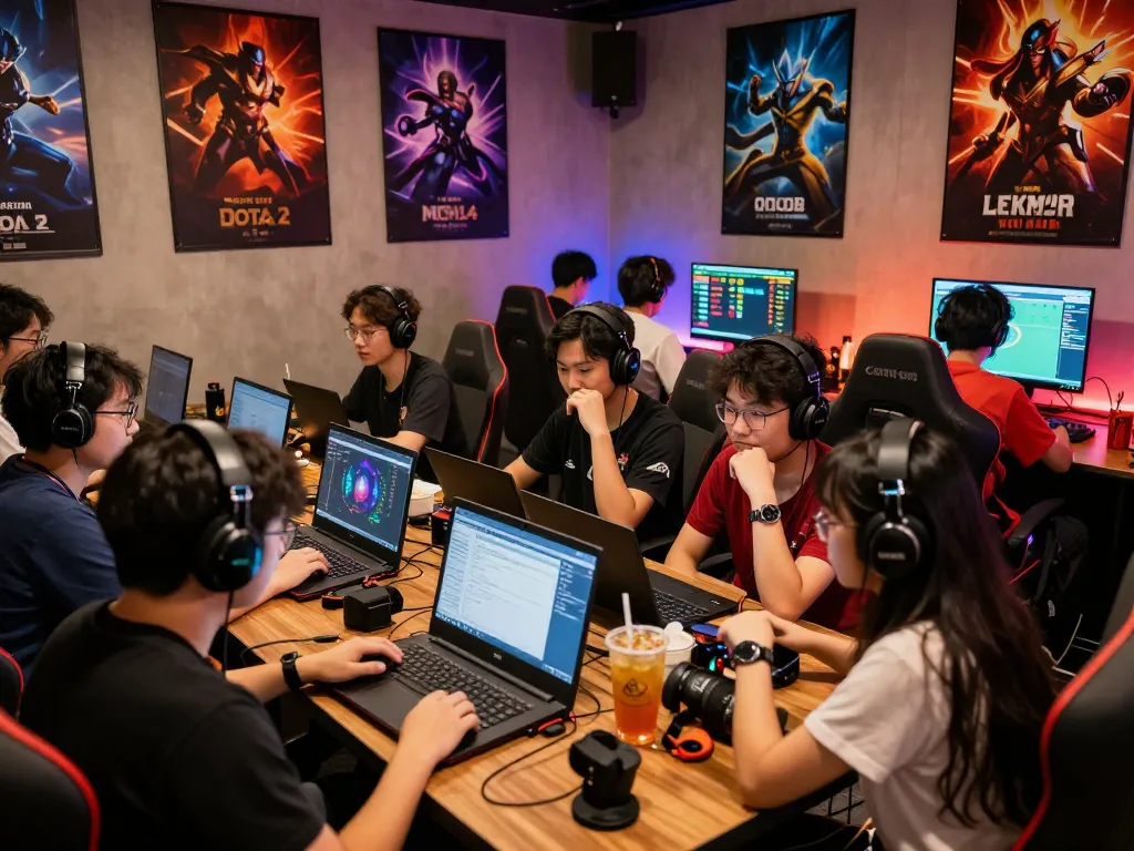 Esports betting Singapore community gathering with gamers engaging around laptops and screens, showcasing excitement and interaction.