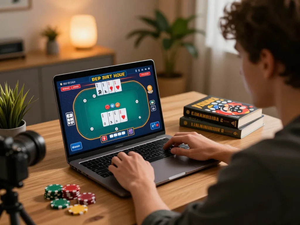 Engaged player at home using fly88 platform for poker gaming with dynamic interface.