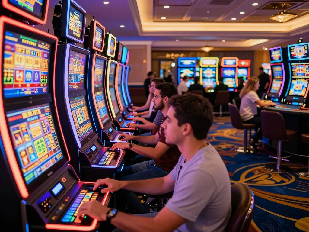 Players spinning slot machines in a vibrant casino, surrounded by bright lights and excitement.