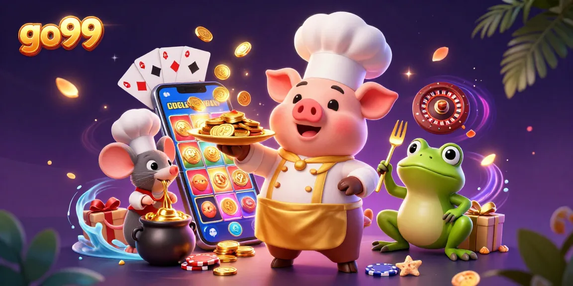 Experience thrilling gameplay at go99 with a pig chef serving gold coins amidst vibrant casino elements.