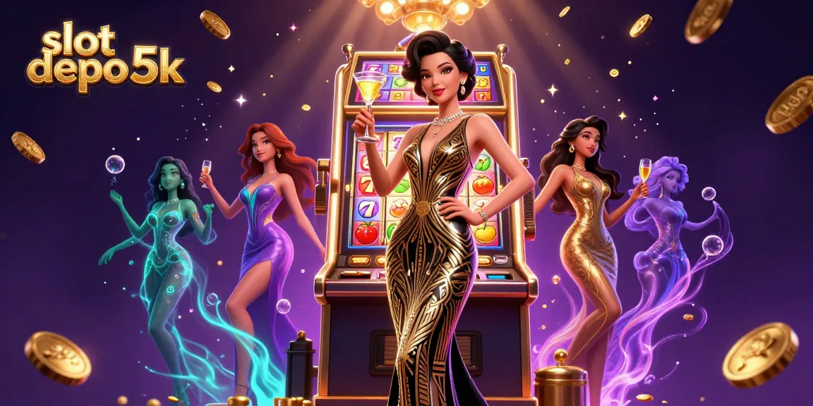 Spin the reels at slot depo 5k with vibrant slot symbols and an elegant player celebrating wins.