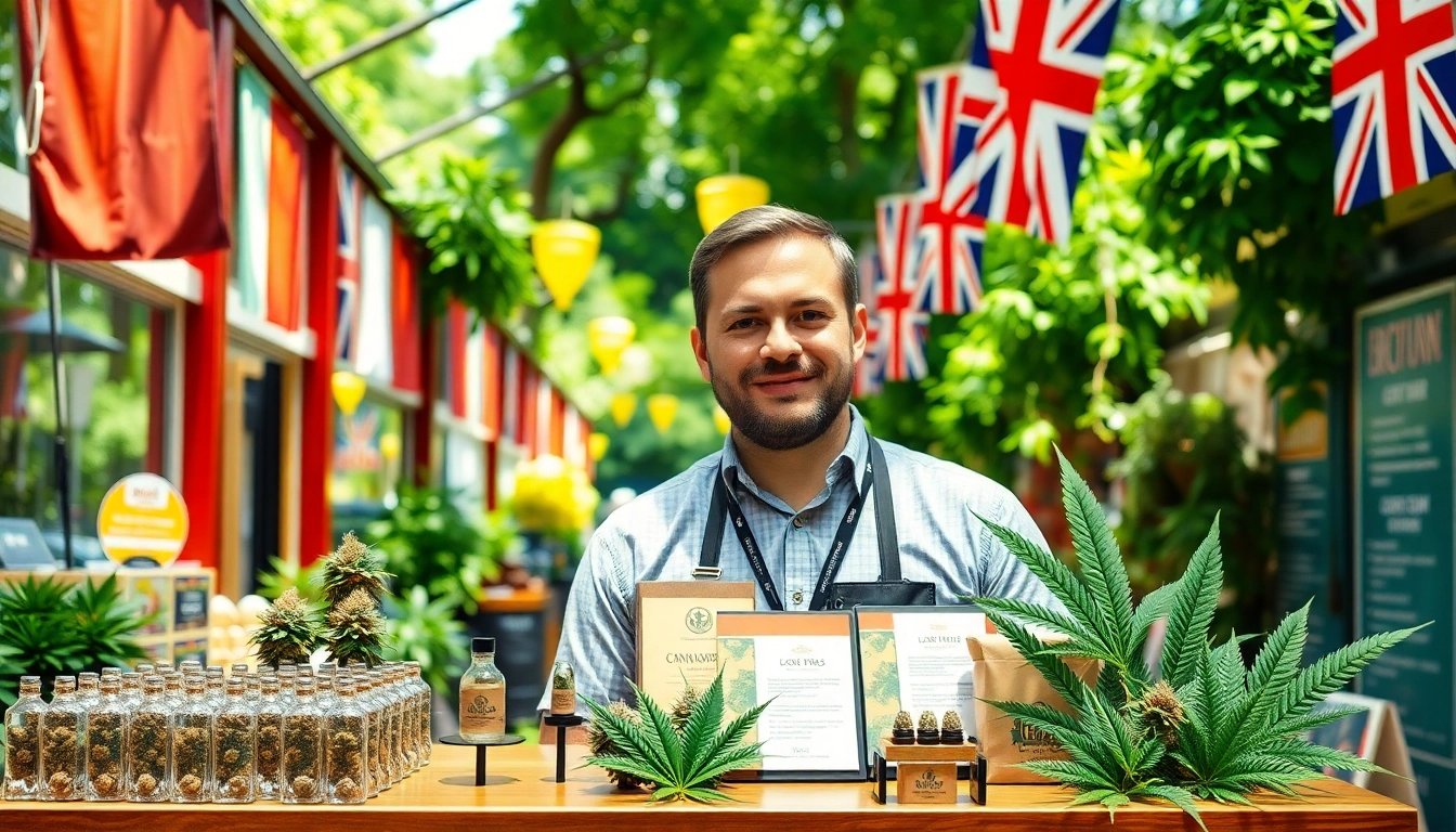Learn how to get weed in UK through a vibrant marketplace showcasing diverse cannabis products.