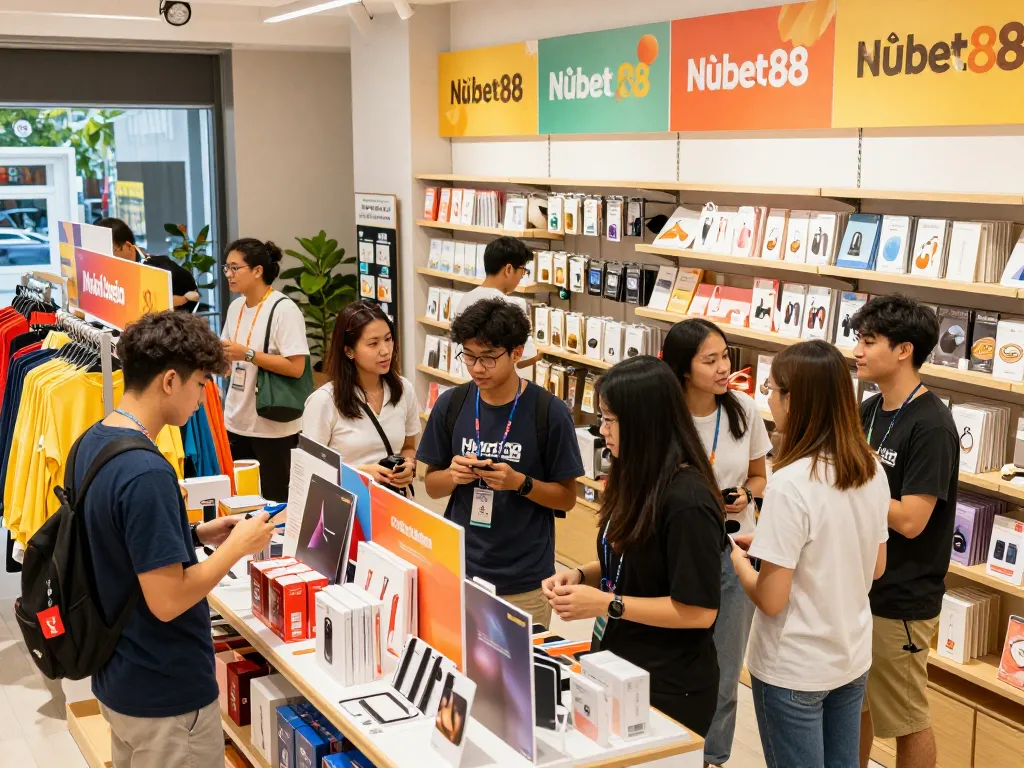 Exciting shopping scene showcasing Nhà cái Hubet88 products with diverse customers engaging in vibrant retail atmosphere.