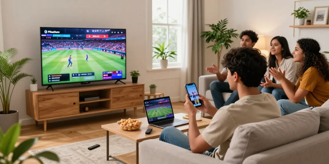 Pikashow streaming scene with friends enjoying movies and IPL cricket in a cozy living room.