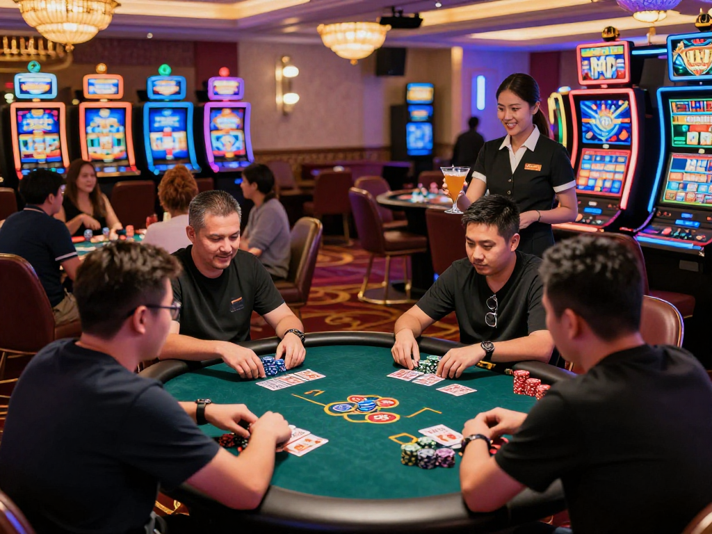 Engaging casino gaming scene with players enjoying rokok88 at a vibrant poker table amidst colorful slot machines.