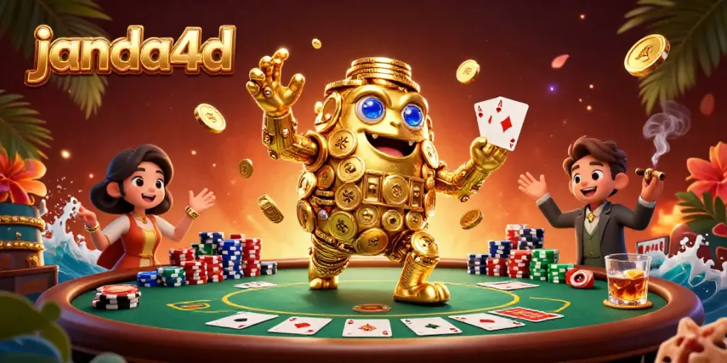Mainkan janda4d dengan simbol slot dan golem emas berputar dalam suasana kasino yang penuh warna.