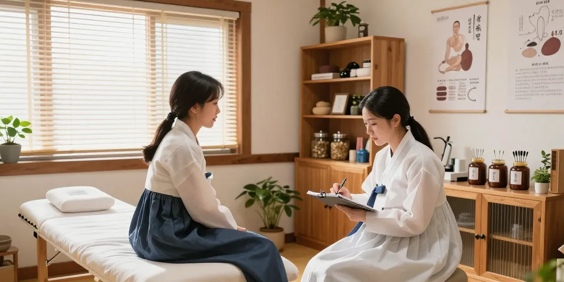Consultation at 수원교통사고한의원, showcasing patient care in a calming treatment room.