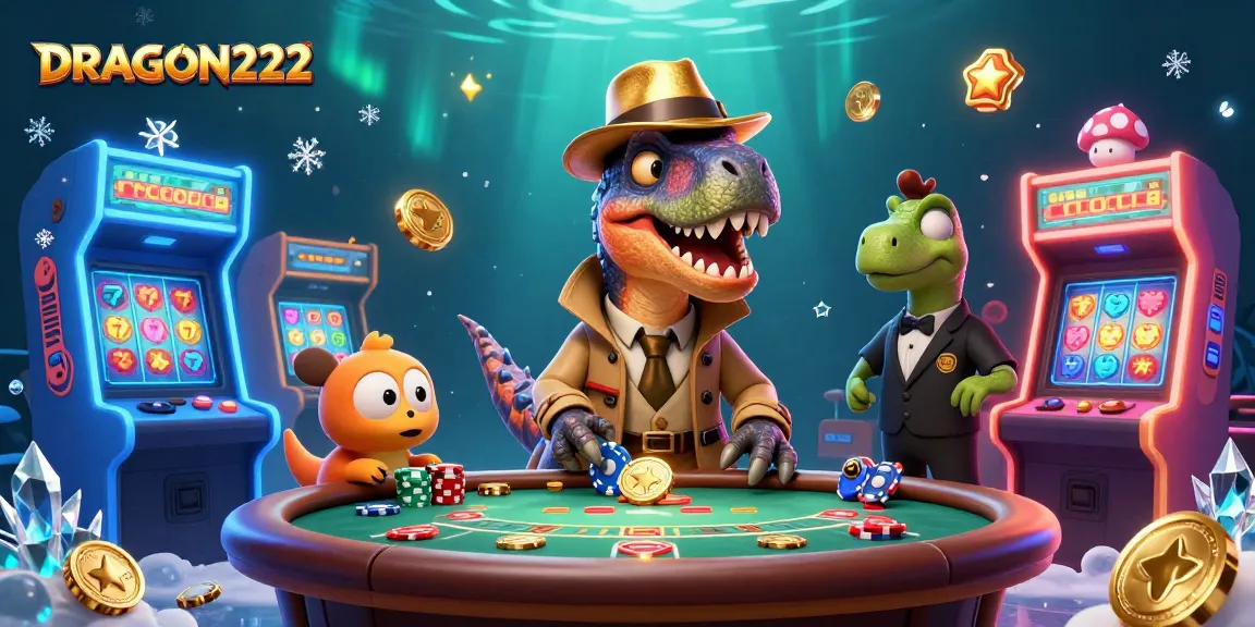 Experience thrilling gameplay with DRAGON222, as a velociraptor counts cards at a bustling casino table.