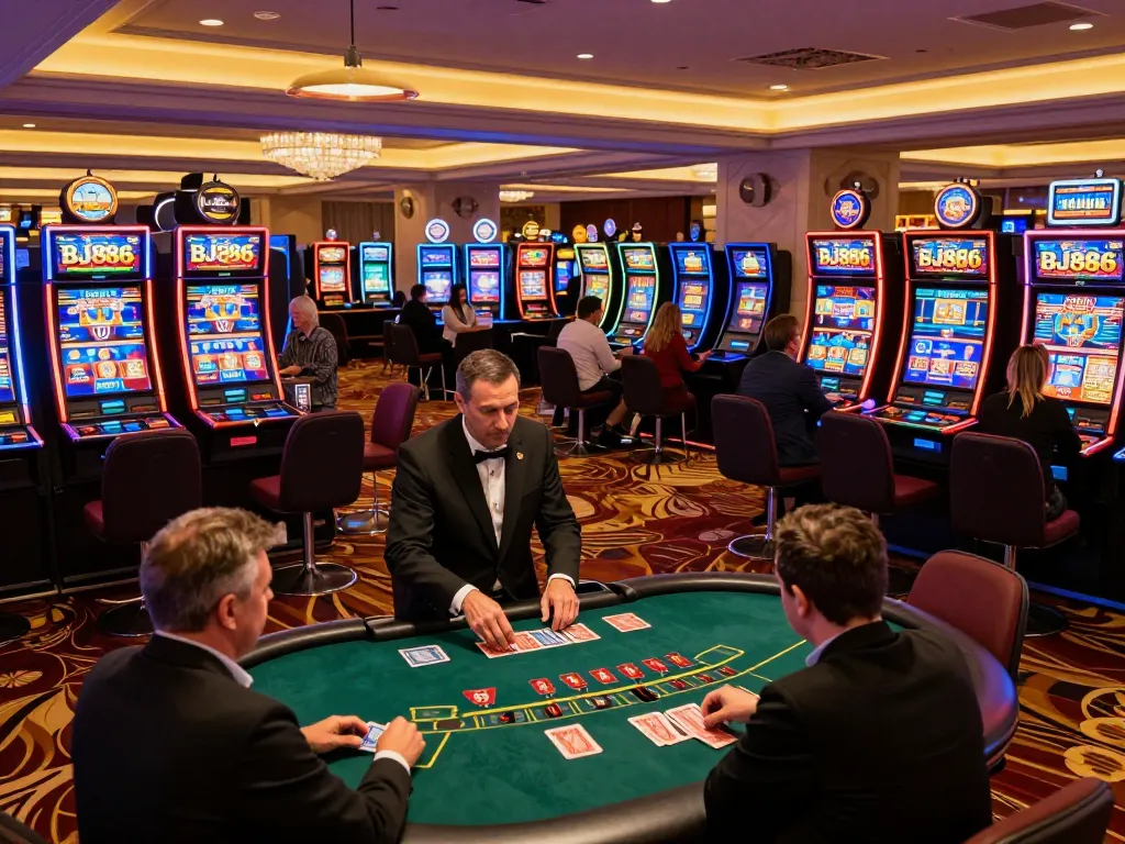 Engaged players at blackjack table in an upscale BJ886 casino, vibrant atmosphere.