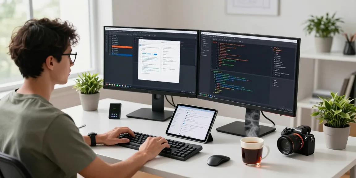 Dynamic workspace showcasing 截图工具 in action, with a developer coding on dual monitors amidst a vibrant modern office environment.