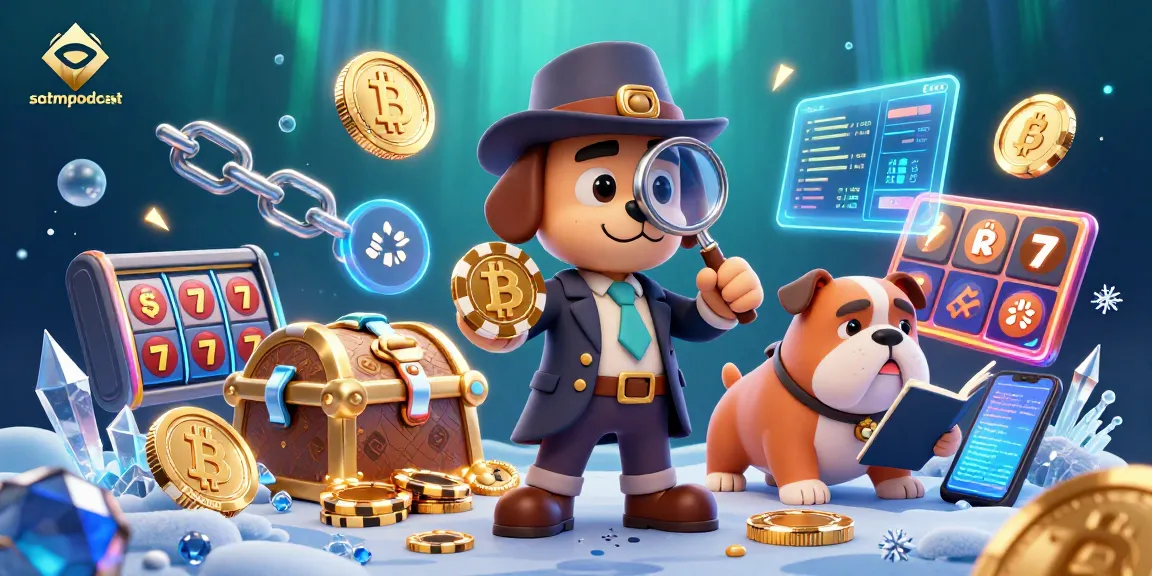 Menangkan permainan poker di sotmpodcast dengan ilustrasi detektif dan koin cryptocurrency.