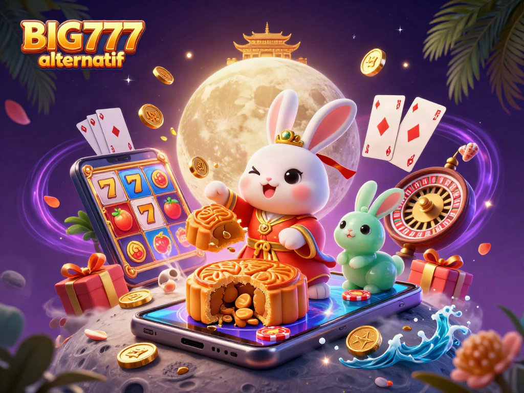 Engage with BIG777 alternatif through a captivating scene of a moon rabbit revealing poker chips amidst vibrant game elements.