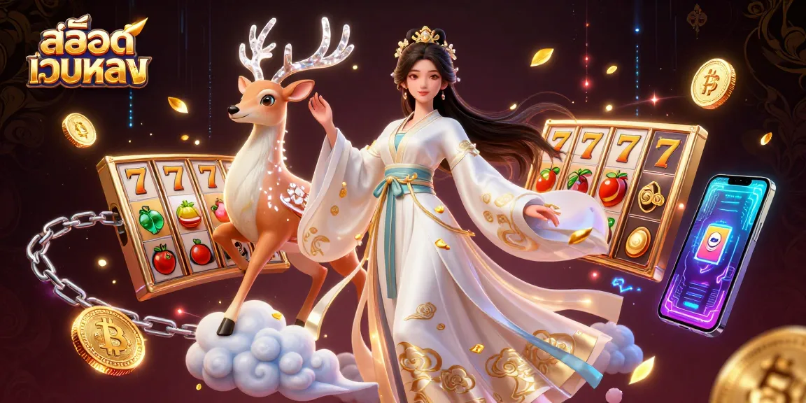 Spin the reels with สล็อตเว็บตรง, featuring a vibrant casino scene with slot elements and cryptocurrency graphics.