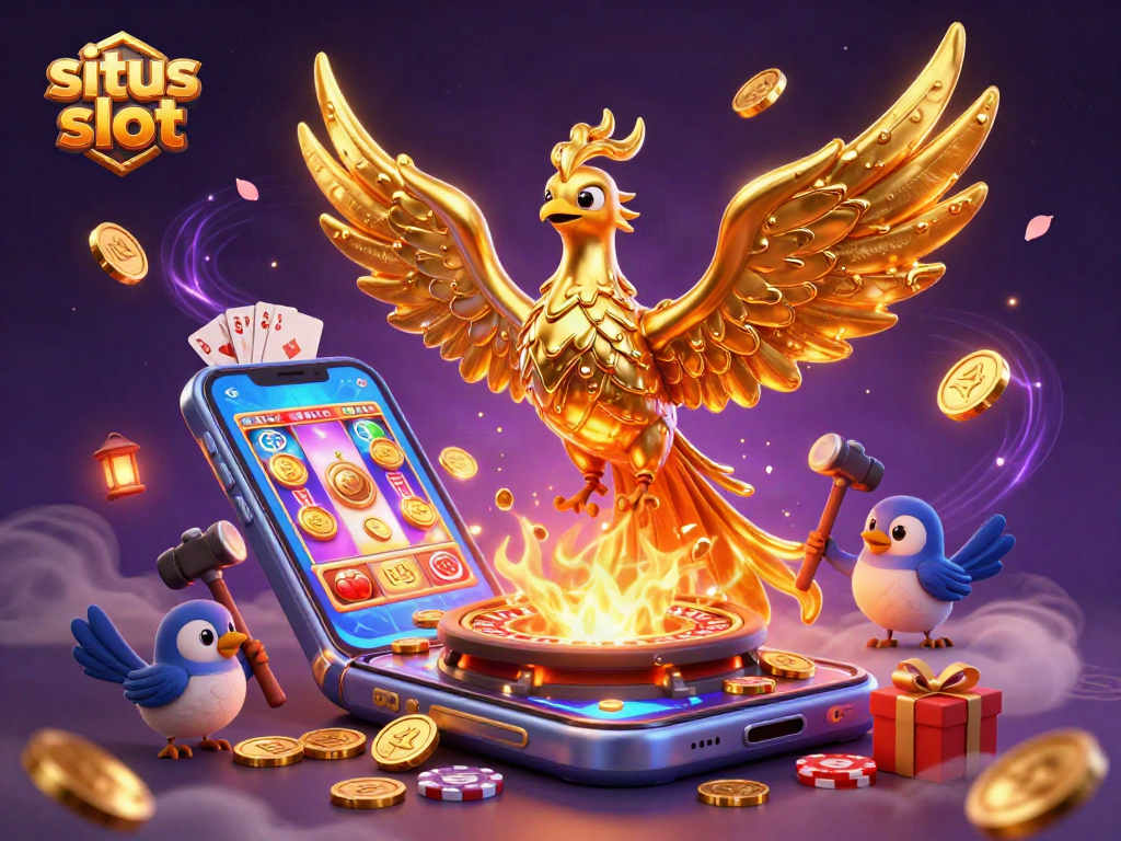 Engage with situs slot, featuring a molten metal phoenix symbolizing jackpots amidst vibrant casino elements.