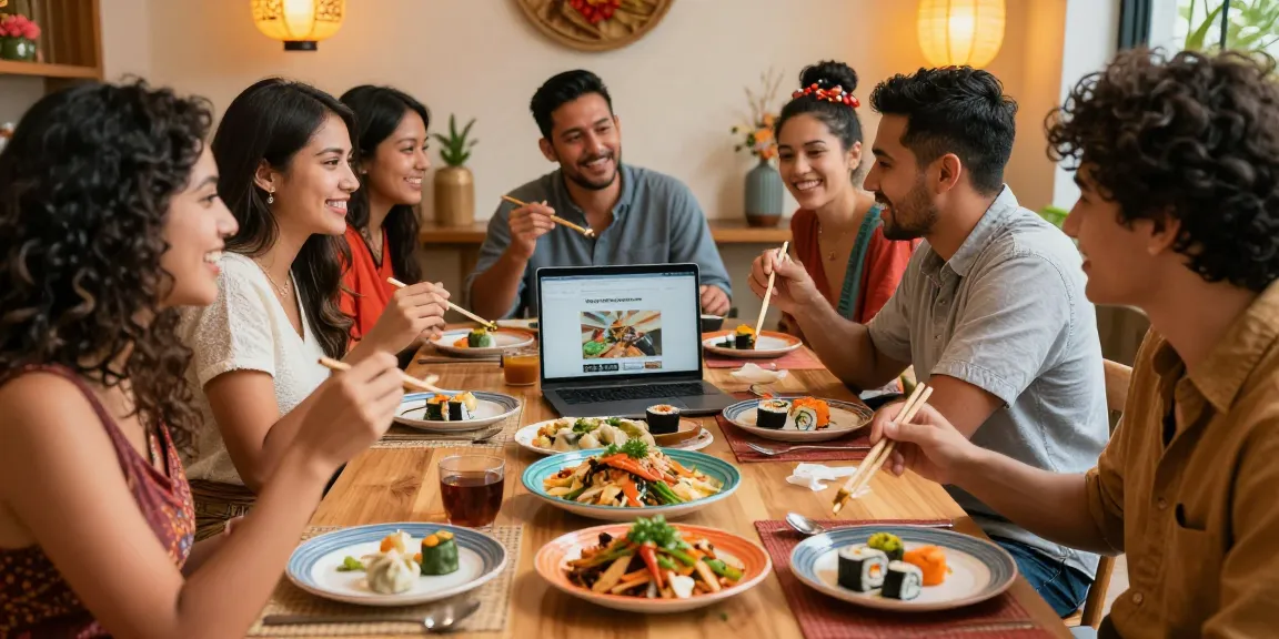 A group of friends enjoying Asian cuisine with https://hanadultalk.com open on a laptop, showcasing cultural appreciation.