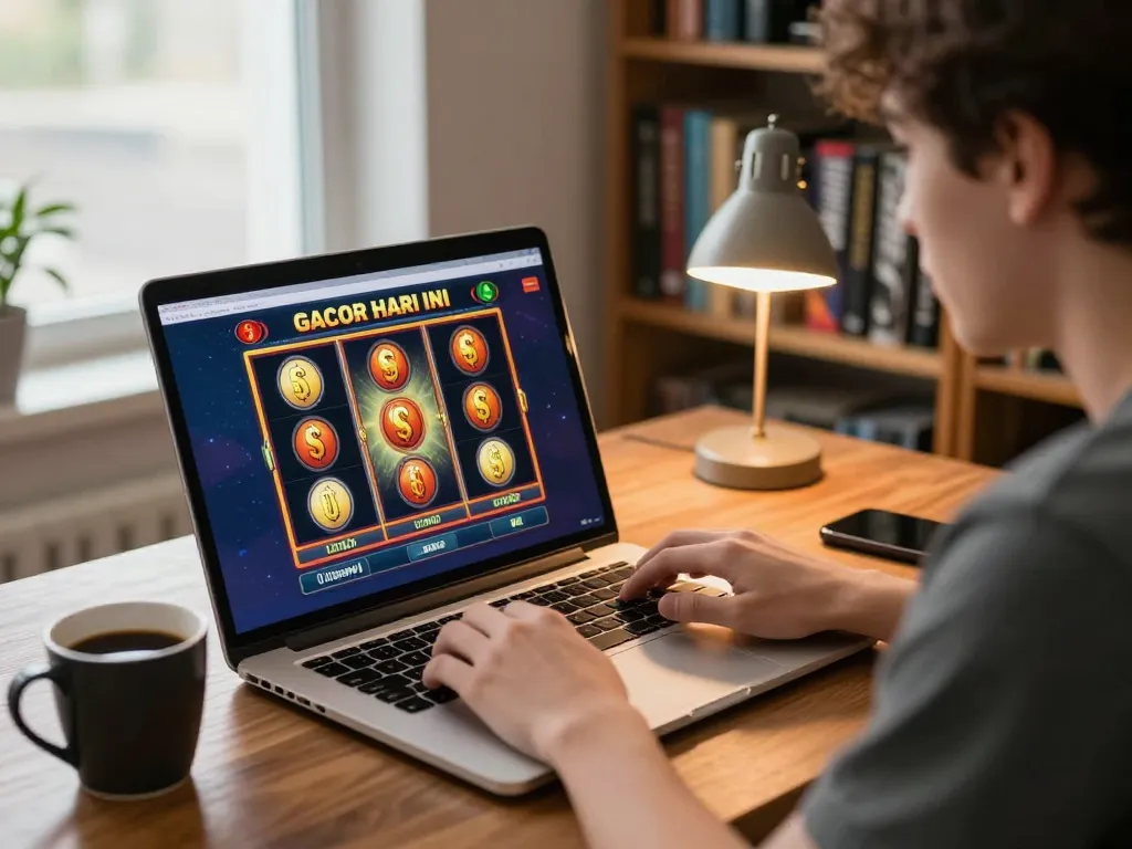 Player engaging in slot gacor hari ini online game, focused on the screen, showcasing strategic gameplay.
