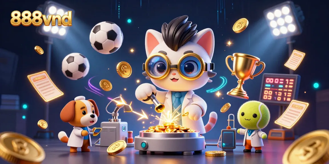 Bet on thrilling action at 888vnd with a vibrant scene of animated characters and sports elements.