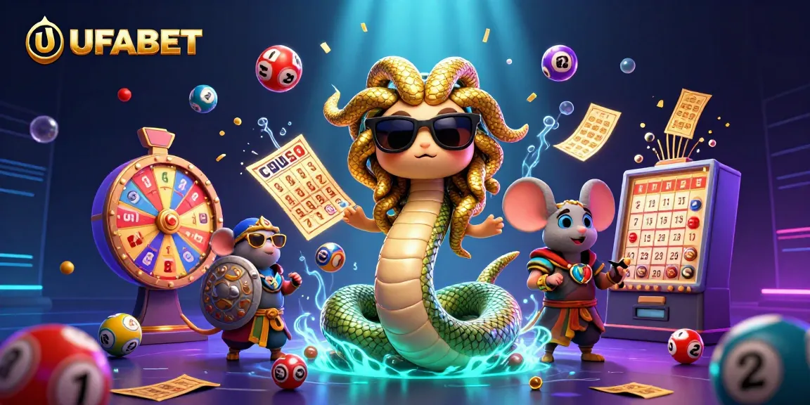 Play exciting games at UFABET with vibrant illustrations of Medusa and fun lottery elements.