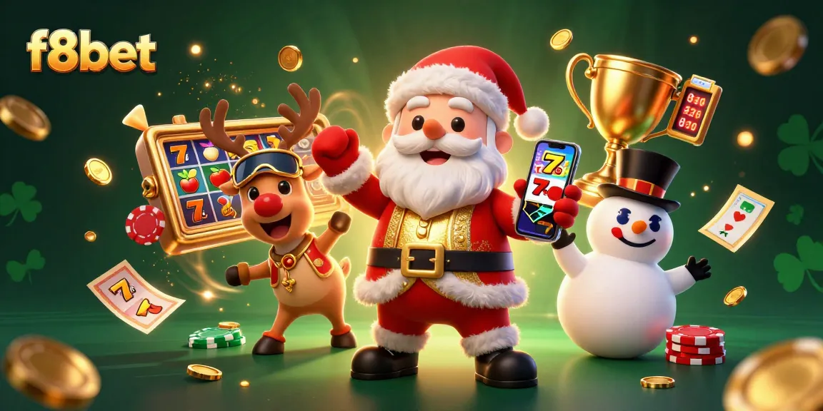 Play thrilling slots with f8bet while celebrating with Santa and friends in a festive casino.