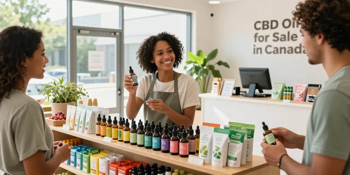 Shop organic CBD oil for sale in Canada with friendly staff and vibrant product display.