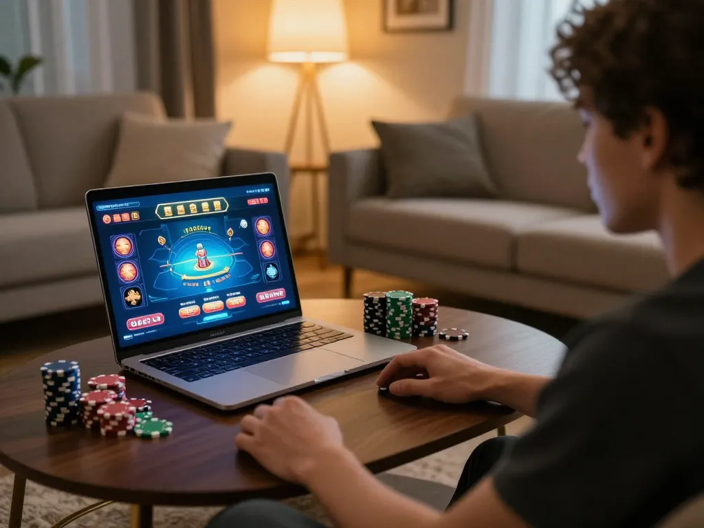 KJC players enjoying an online casino session with gaming interfaces visible on screen and chips on table.