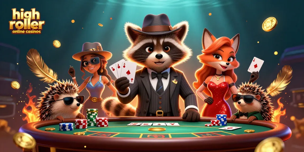 Experience high roller online casinos with the suave raccoon, fox lady, and hedgehog bouncer at a lively poker scene.