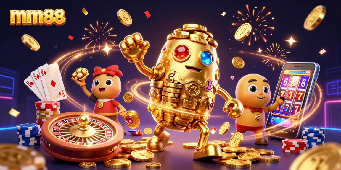 Spin the reels at mm88, featuring a dynamic golem and vibrant casino elements for gaming thrills.