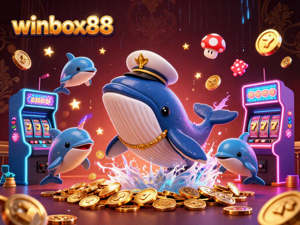 Winbox88: Dive into fun with a giant whale and dolphins playing poker in a vibrant casino.